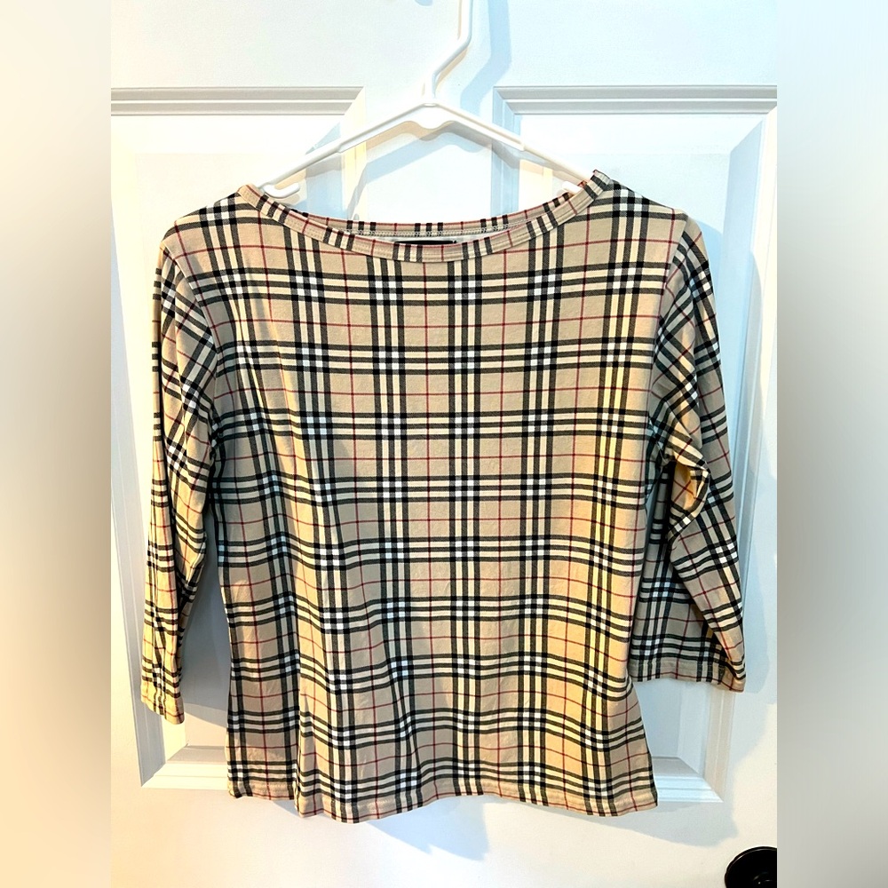 Authentic Burberry check Top Size Medium boatneck 3/4 sleeve